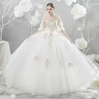 Affordable White See Through Wedding Dresses 2018 A Line Princess Scoop Neck Short Sleeve Backless Gold Appliques Lace Beading Ruffle Cathedral Train