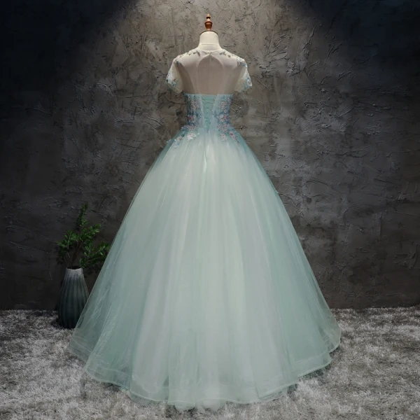 Moderne / Mode Multi-Couleurs Robe De Bal 2017 Robe Boule Encolure Dégagée Manches Courtes Appliques En Dentelle Fleur Paillettes Perlage Perle Longue Volants Percé Dos Nu Robe De Ceremonie