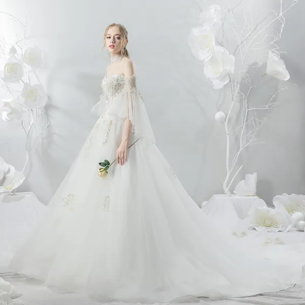 Affordable White See-through Wedding Dresses 2018 A-Line / Princess Scoop Neck Short Sleeve Backless Gold Appliques Lace Beading Ruffle Cathedral