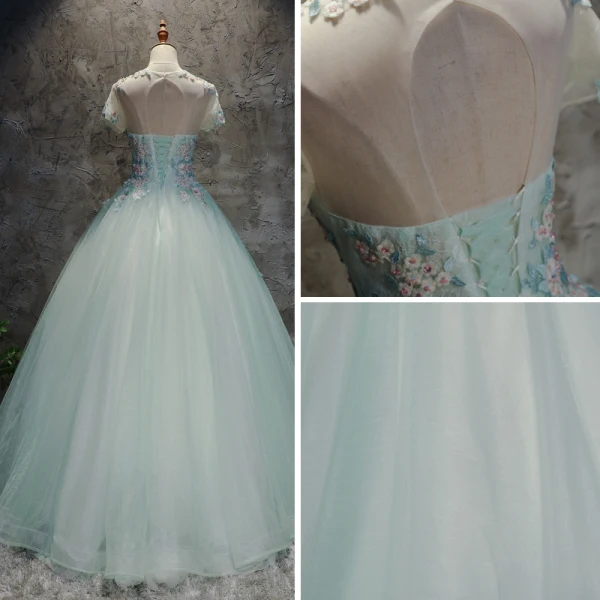 Moderne / Mode Multi-Couleurs Robe De Bal 2017 Robe Boule Encolure Dégagée Manches Courtes Appliques En Dentelle Fleur Paillettes Perlage Perle Longue Volants Percé Dos Nu Robe De Ceremonie
