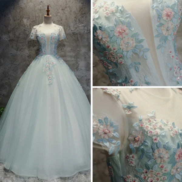 Moderne / Mode Multi-Couleurs Robe De Bal 2017 Robe Boule Encolure Dégagée Manches Courtes Appliques En Dentelle Fleur Paillettes Perlage Perle Longue Volants Percé Dos Nu Robe De Ceremonie