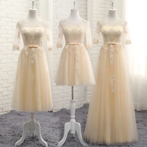 Chic / Beautiful Champagne See-through Summer Bridesmaid Dresses 2018 A-Line / Princess Scoop Neck 1/2 Sleeves Appliques Lace Bow Sash Ruffle Backless Wedding Party Dresses