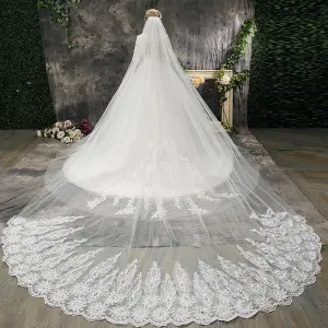 Klassisk Romantisk Kirke Brudekjoler 2017 Blonder Appliques Ryggløse Langermede Scoop Halsen Cathedral Train Hvit Ballkjole