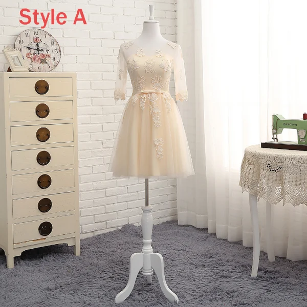 Chic / Belle Champagne Transparentes Été Robe Demoiselle D'honneur 2018 Princesse Encolure Dégagée 1/2 Manches Appliques En Dentelle Noeud Ceinture Volants Dos Nu Robe Pour Mariage