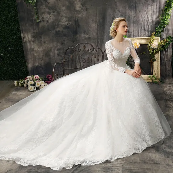 Classic Romantic Church Wedding Dresses 2017 Lace Appliques Backless Long Sleeve Scoop Neck Cathedral Train White Ball Gown