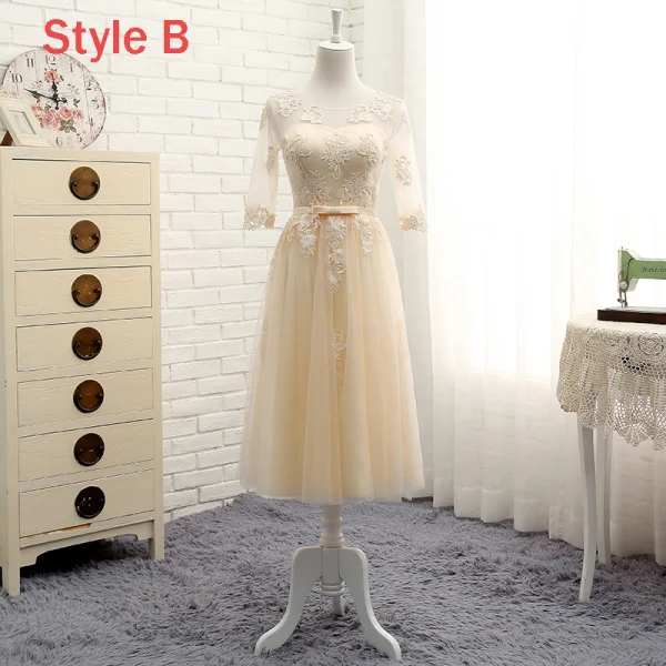 Chic / Belle Champagne Transparentes Été Robe Demoiselle D'honneur 2018 Princesse Encolure Dégagée 1/2 Manches Appliques En Dentelle Noeud Ceinture Volants Dos Nu Robe Pour Mariage