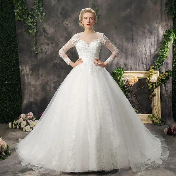 Classic Romantic Church Wedding Dresses 2017 Lace Appliques Backless Long Sleeve Scoop Neck Cathedral Train White Ball Gown