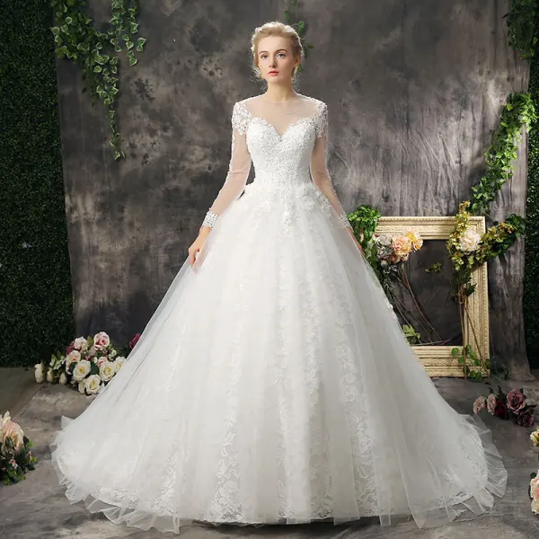 Classic Romantic Church Wedding Dresses 2017 Lace Appliques Backless Long Sleeve Scoop Neck Cathedral Train White Ball Gown