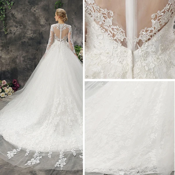Classic Romantic Church Wedding Dresses 2017 Lace Appliques Backless Long Sleeve Scoop Neck Cathedral Train White Ball Gown