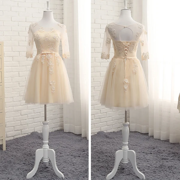 Chic / Belle Champagne Transparentes Été Robe Demoiselle D'honneur 2018 Princesse Encolure Dégagée 1/2 Manches Appliques En Dentelle Noeud Ceinture Volants Dos Nu Robe Pour Mariage