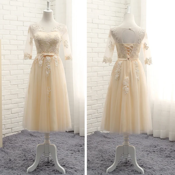 Chic / Belle Champagne Transparentes Été Robe Demoiselle D'honneur 2018 Princesse Encolure Dégagée 1/2 Manches Appliques En Dentelle Noeud Ceinture Volants Dos Nu Robe Pour Mariage