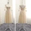 Chic / Belle Champagne Transparentes Été Robe Demoiselle D'honneur 2018 Princesse Encolure Dégagée 1/2 Manches Appliques En Dentelle Noeud Ceinture Volants Dos Nu Robe Pour Mariage