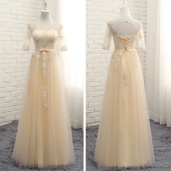Chic / Belle Champagne Transparentes Été Robe Demoiselle D'honneur 2018 Princesse Encolure Dégagée 1/2 Manches Appliques En Dentelle Noeud Ceinture Volants Dos Nu Robe Pour Mariage