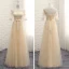 Chic / Belle Champagne Transparentes Été Robe Demoiselle D'honneur 2018 Princesse Encolure Dégagée 1/2 Manches Appliques En Dentelle Noeud Ceinture Volants Dos Nu Robe Pour Mariage