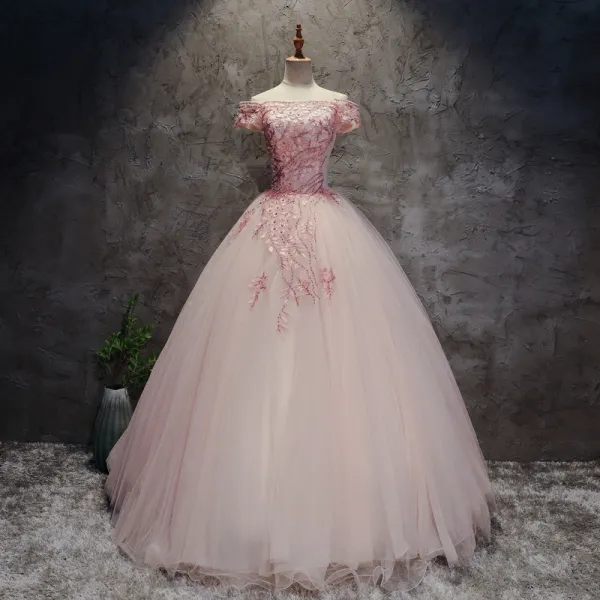 Modern / Fashion Pearl Pink Prom Dresses 2017 Ball Gown Off-The-Shoulder Short Sleeve Appliques Lace Flower Pearl Rhinestone Floor-Length / Long Ruffle Backless Formal Dresses
