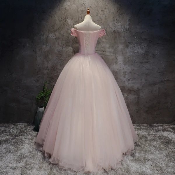Modern / Fashion Pearl Pink Prom Dresses 2017 Ball Gown Off-The-Shoulder Short Sleeve Appliques Lace Flower Pearl Rhinestone Floor-Length / Long Ruffle Backless Formal Dresses