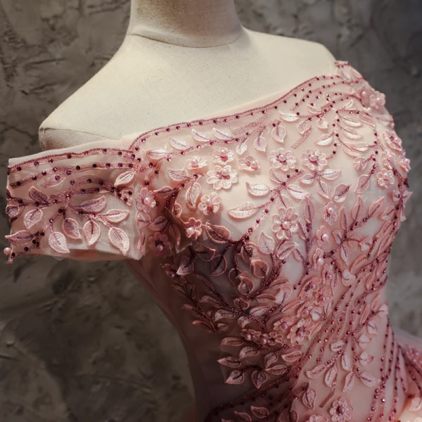 Modern / Fashion Pearl Pink Prom Dresses 2017 Ball Gown Off-The-Shoulder Short Sleeve Appliques Lace Flower Pearl Rhinestone Floor-Length / Long Ruffle Backless Formal Dresses