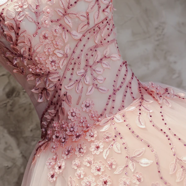 Modern / Fashion Pearl Pink Prom Dresses 2017 Ball Gown Off-The-Shoulder Short Sleeve Appliques Lace Flower Pearl Rhinestone Floor-Length / Long Ruffle Backless Formal Dresses
