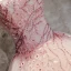 Modern / Fashion Pearl Pink Prom Dresses 2017 Ball Gown Off-The-Shoulder Short Sleeve Appliques Lace Flower Pearl Rhinestone Floor-Length / Long Ruffle Backless Formal Dresses