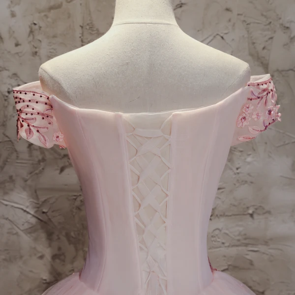 Modern / Fashion Pearl Pink Prom Dresses 2017 Ball Gown Off-The-Shoulder Short Sleeve Appliques Lace Flower Pearl Rhinestone Floor-Length / Long Ruffle Backless Formal Dresses