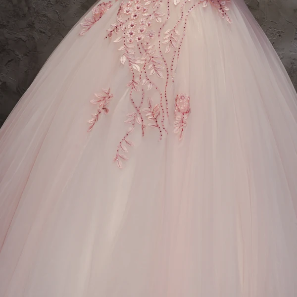 Modern / Fashion Pearl Pink Prom Dresses 2017 Ball Gown Off-The-Shoulder Short Sleeve Appliques Lace Flower Pearl Rhinestone Floor-Length / Long Ruffle Backless Formal Dresses