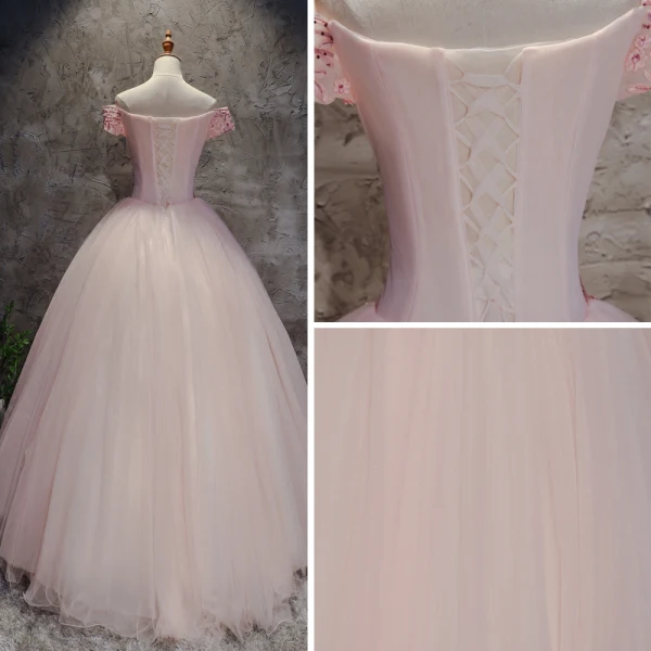 Modern / Fashion Pearl Pink Prom Dresses 2017 Ball Gown Off-The-Shoulder Short Sleeve Appliques Lace Flower Pearl Rhinestone Floor-Length / Long Ruffle Backless Formal Dresses