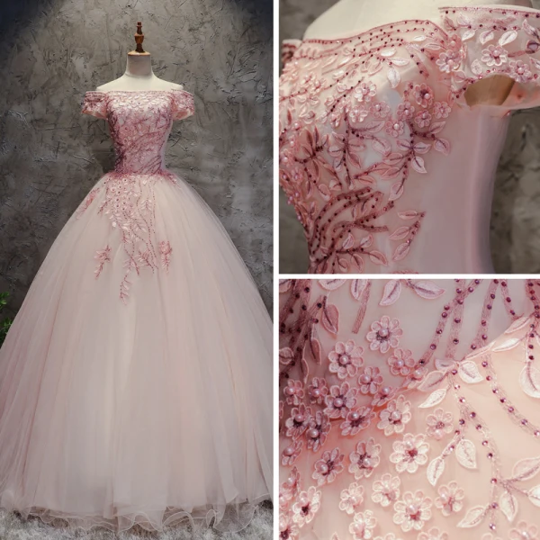 Modern / Fashion Pearl Pink Prom Dresses 2017 Ball Gown Off-The-Shoulder Short Sleeve Appliques Lace Flower Pearl Rhinestone Floor-Length / Long Ruffle Backless Formal Dresses