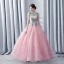 Modern / Fashion Champagne Blushing Pink Prom Dresses 2017 Ball Gown Scoop Neck Sleeveless Appliques Lace Rhinestone Bow Sash Floor-Length / Long Ruffle Pierced Backless Formal Dresses