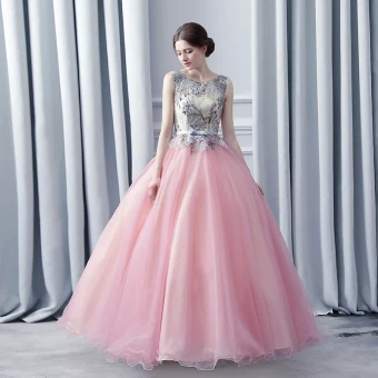 Modern Champagne Blozen Roze Galajurken 2017 Baljurk Ronde Hals Mouwloos Appliques Kant Rhinestone Strik Gordel Lange Ruche Doorboord Ruglooze Gelegenheid Jurken