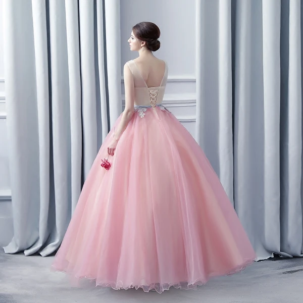 Modern / Fashion Champagne Blushing Pink Prom Dresses 2017 Ball Gown Scoop Neck Sleeveless Appliques Lace Rhinestone Bow Sash Floor-Length / Long Ruffle Pierced Backless Formal Dresses