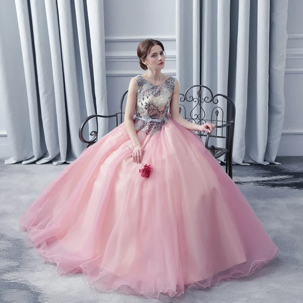 Modern / Fashion Champagne Blushing Pink Prom Dresses 2017 Ball Gown Scoop Neck Sleeveless Appliques Lace Rhinestone Bow Sash Floor-Length / Long Ruffle Pierced Backless Formal Dresses
