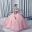 Modern / Fashion Champagne Blushing Pink Prom Dresses 2017 Ball Gown Scoop Neck Sleeveless Appliques Lace Rhinestone Bow Sash Floor-Length / Long Ruffle Pierced Backless Formal Dresses
