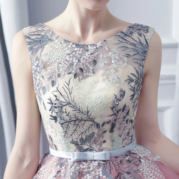 Modern / Fashion Champagne Blushing Pink Prom Dresses 2017 Ball Gown Scoop Neck Sleeveless Appliques Lace Rhinestone Bow Sash Floor-Length / Long Ruffle Pierced Backless Formal Dresses