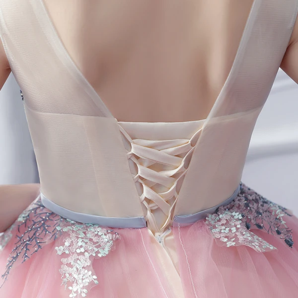 Modern / Fashion Champagne Blushing Pink Prom Dresses 2017 Ball Gown Scoop Neck Sleeveless Appliques Lace Rhinestone Bow Sash Floor-Length / Long Ruffle Pierced Backless Formal Dresses