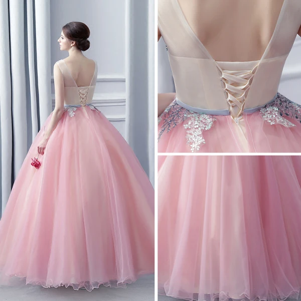 Modern / Fashion Champagne Blushing Pink Prom Dresses 2017 Ball Gown Scoop Neck Sleeveless Appliques Lace Rhinestone Bow Sash Floor-Length / Long Ruffle Pierced Backless Formal Dresses