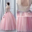 Modern / Fashion Champagne Blushing Pink Prom Dresses 2017 Ball Gown Scoop Neck Sleeveless Appliques Lace Rhinestone Bow Sash Floor-Length / Long Ruffle Pierced Backless Formal Dresses