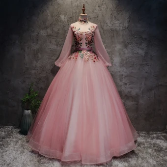 Style Chinois Rougissant Rose Robe De Bal 2017 Robe Boule Col Haut Manches Longues Appliques Fleur Perle Ceinture Longue Volants Dos Nu Robe De Ceremonie