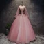 Chinese style Blushing Pink Prom Dresses 2017 Ball Gown High Neck Long Sleeve Appliques Flower Pearl Sash Floor-Length / Long Ruffle Backless Formal Dresses