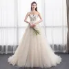 Charming Champagne See-through Wedding Dresses 2018 A-Line / Princess Scoop Neck Sleeveless Backless Appliques Lace Ruffle Chapel Train