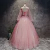 Chinese style Blushing Pink Prom Dresses 2017 Ball Gown High Neck Long Sleeve Appliques Flower Pearl Sash Floor-Length / Long Ruffle Backless Formal Dresses