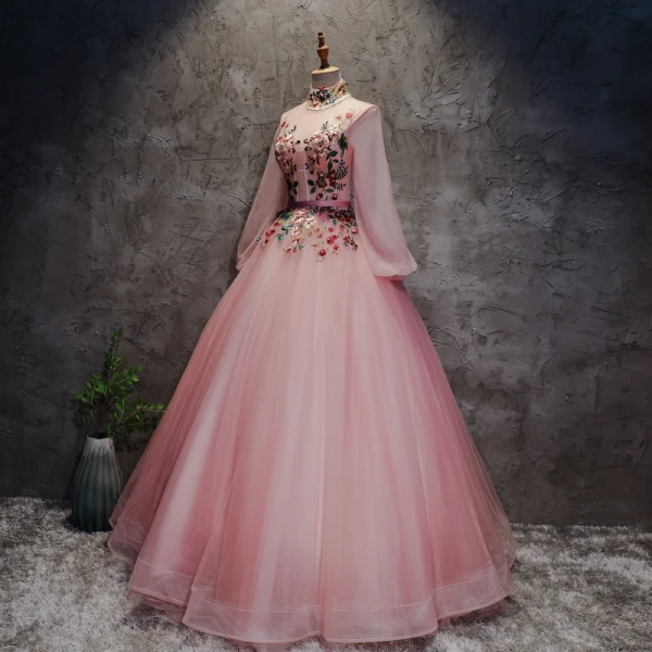 Chinese style Blushing Pink Prom Dresses 2017 Ball Gown High Neck Long Sleeve Appliques Flower Pearl Sash Floor-Length / Long Ruffle Backless Formal Dresses