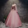 Chinese style Blushing Pink Prom Dresses 2017 Ball Gown High Neck Long Sleeve Appliques Flower Pearl Sash Floor-Length / Long Ruffle Backless Formal Dresses