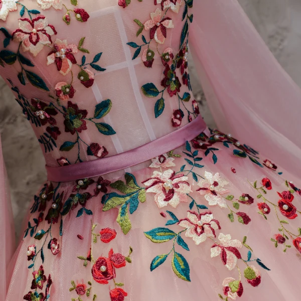 Chinese style Blushing Pink Prom Dresses 2017 Ball Gown High Neck Long Sleeve Appliques Flower Pearl Sash Floor-Length / Long Ruffle Backless Formal Dresses