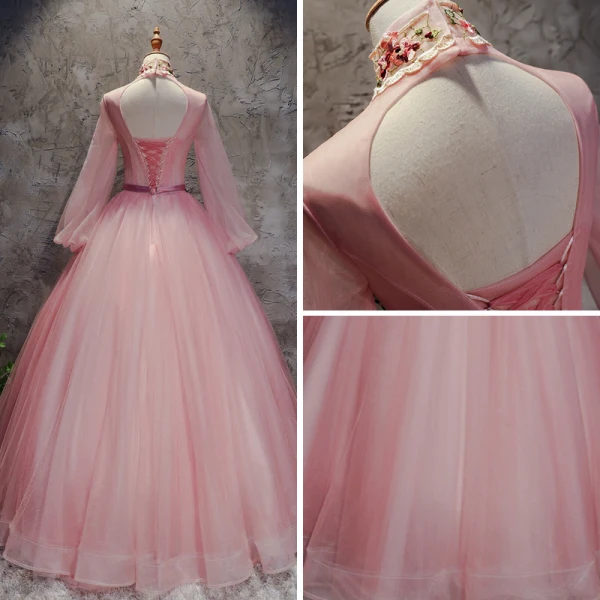 Chinese style Blushing Pink Prom Dresses 2017 Ball Gown High Neck Long Sleeve Appliques Flower Pearl Sash Floor-Length / Long Ruffle Backless Formal Dresses