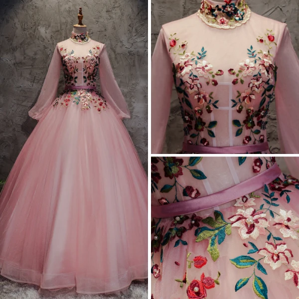 Chinese style Blushing Pink Prom Dresses 2017 Ball Gown High Neck Long Sleeve Appliques Flower Pearl Sash Floor-Length / Long Ruffle Backless Formal Dresses