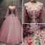 Chinese style Blushing Pink Prom Dresses 2017 Ball Gown High Neck Long Sleeve Appliques Flower Pearl Sash Floor-Length / Long Ruffle Backless Formal Dresses