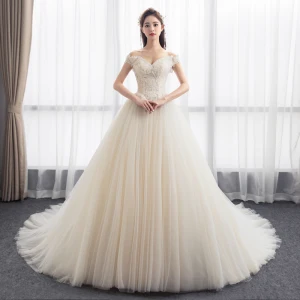 Modest Simple Champagne Wedding Dresses 2018 Ball Gown Off The Shoulder Short Sleeve Backless Appliques Lace Ruffle Chapel Train
