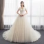 Modest / Simple Champagne Wedding Dresses 2018 Ball Gown Off-The-Shoulder Short Sleeve Backless Appliques Lace Ruffle Chapel Train