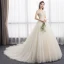 Modest / Simple Champagne Wedding Dresses 2018 Ball Gown Off-The-Shoulder Short Sleeve Backless Appliques Lace Ruffle Chapel Train