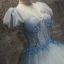 Chic / Beautiful Spotted Sky Blue Prom Dresses 2017 Ball Gown V-Neck Sleeveless Appliques Flower Pearl Floor-Length / Long Ruffle Pierced Backless Formal Dresses
